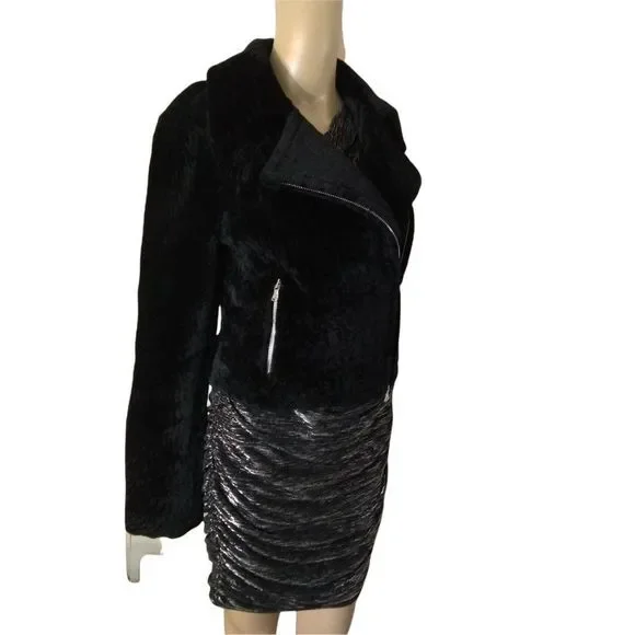 L'AGENCE Fur Moto Biker Crop Jacket Black New